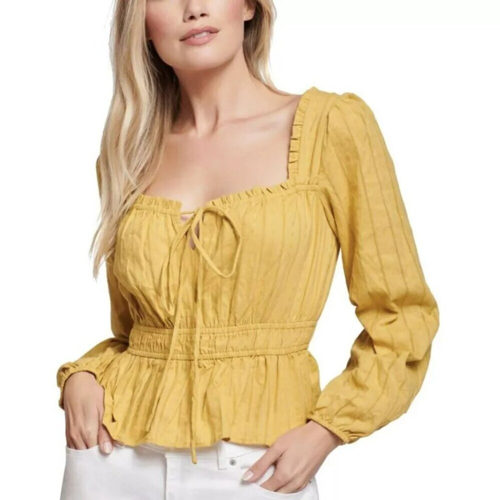 Lost +Wander Gold Peplum Top Sz L Sweet As Honey Long Sleeve Tie Front NEW